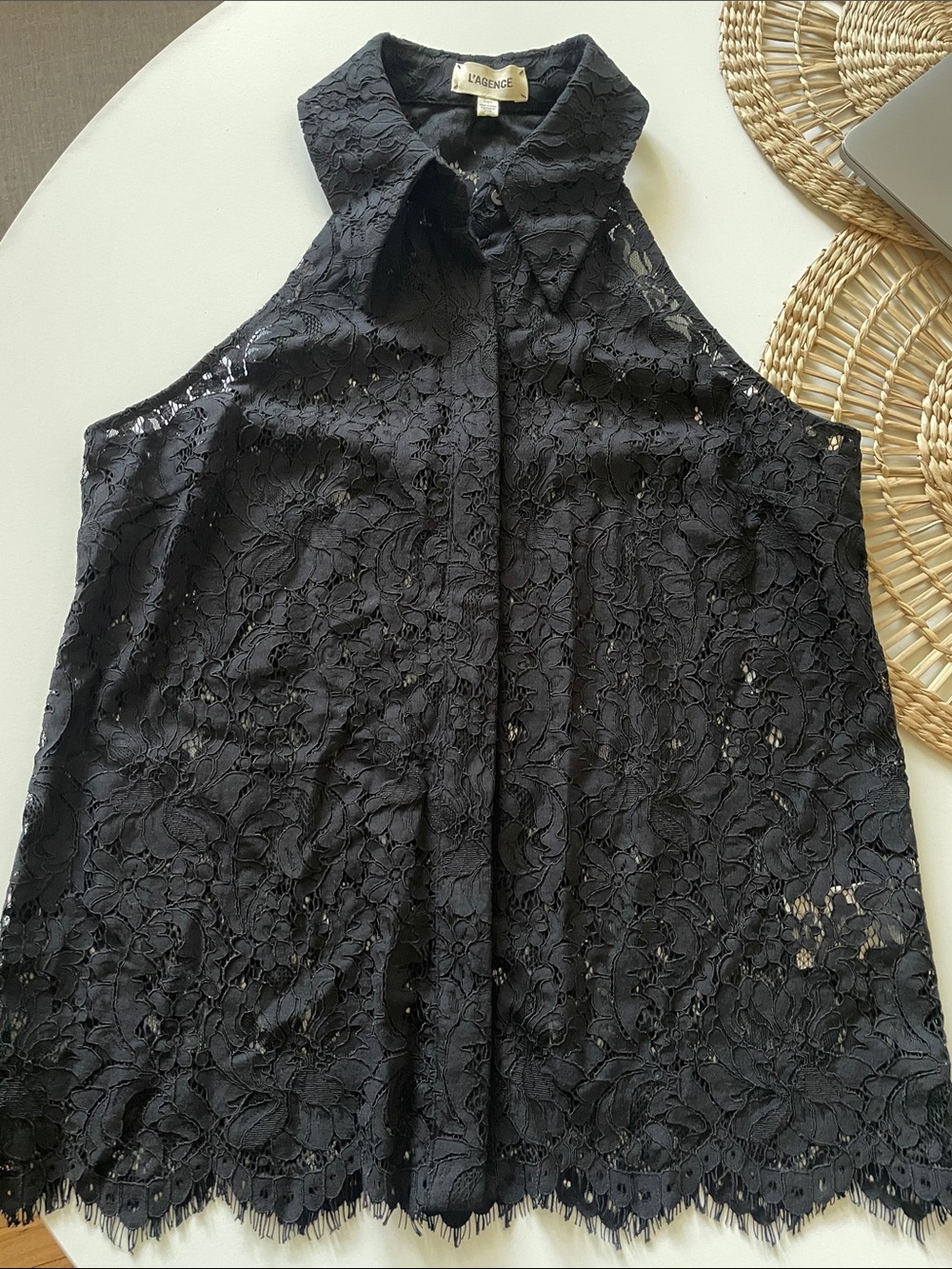 L'AGENCE XS Los Angeles Black Floral Lace Button-Front Sleeveless Collar Blouse
